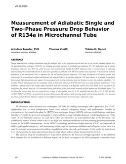 VC-20-C040 — Measurement of Adiabatic Single and Two-Phase Pressure Drop Behavior of R134a in Microchannel Tube